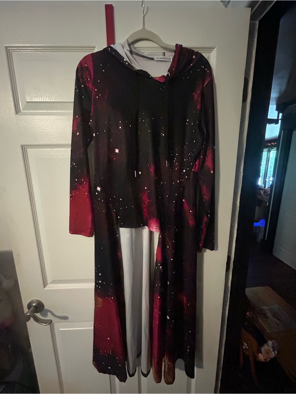 Long Hooded Tunic Top in Black and Red Galaxy Print